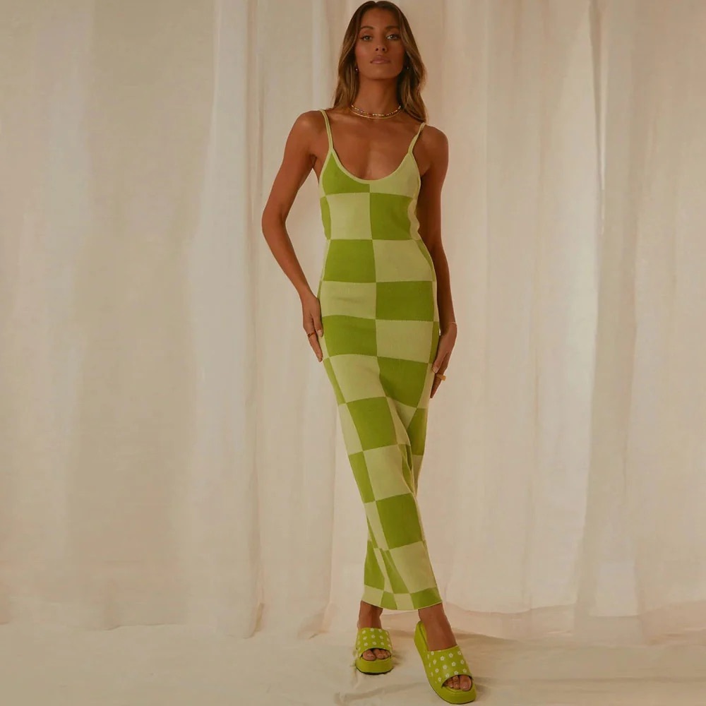 Peppermayo Cali Sweetheart Green Checkered Maxi Dress M/L